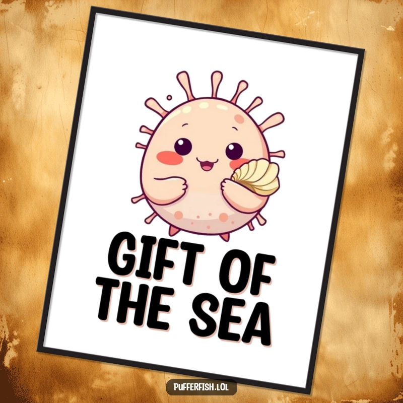 Funny poster displaying a cute pufferfish with a friendly wave, holding out a shiny seashell, evoking a peaceful ocean greeting.