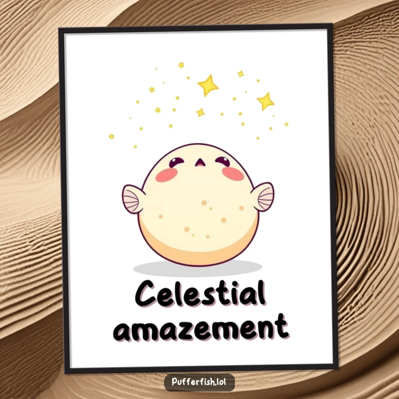 Funny Pufferfish Poster: A surprised pufferfish stares up in awe at a vibrant meteor shower of tiny stars, creating magical art.
