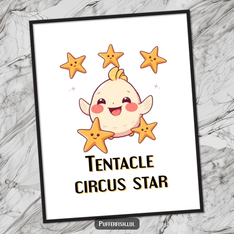 Funny Puffy Fish Poster: A happy, plump fish is depicted juggling three starfish with an enormous smile, bringing humorous aquatic art.