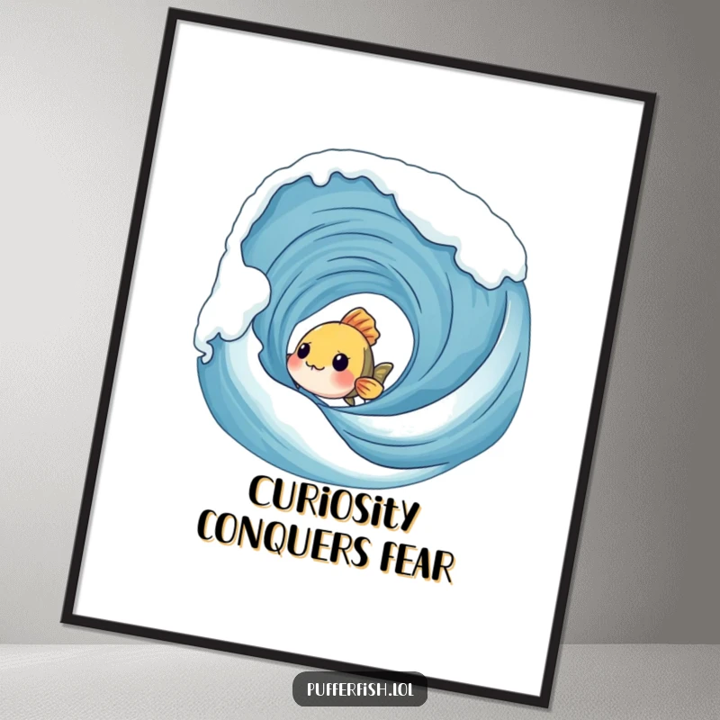 Funny Shy Fish Poster: A timid fish peeks from behind a large, foamy wave, creating a humorous and intriguing piece of art.