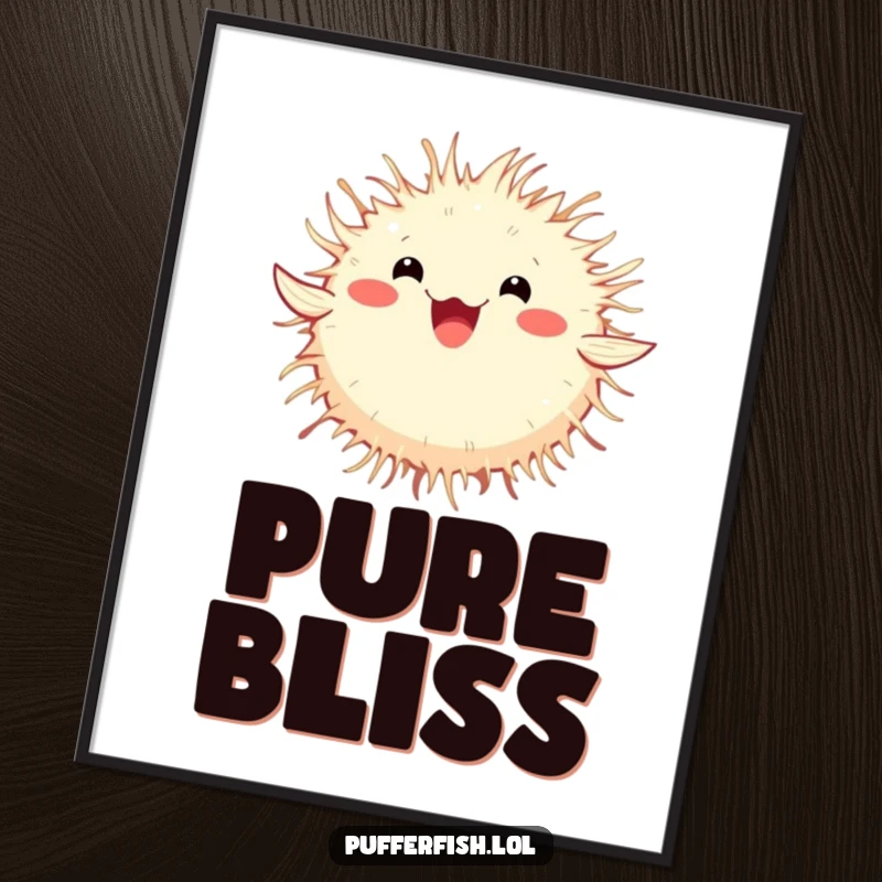Funny Pufferfish Poster capturing a fluffy pufferfish in mid-spin, radiating an overwhelming sense of happiness and whimsical energy.