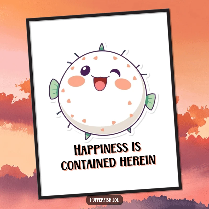 Funny pufferfish poster print, a round, happy character bursting with cheerful, bubbly energy, bringing vibrant fun to any wall, funny gift.