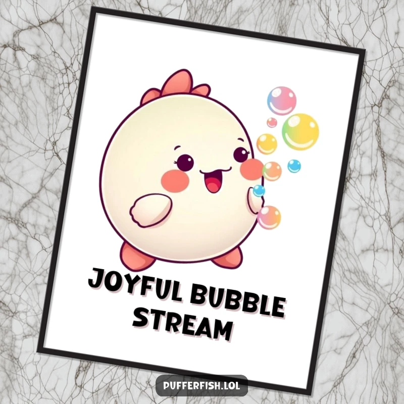 Funny Kawaii pufferfish blowing a stream of colorful, happy bubbles, presented as cheerful wall art.