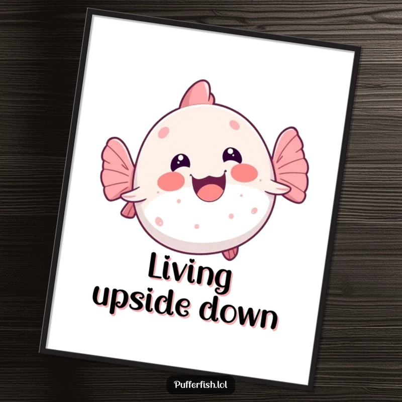 Funny kawaii pufferfish captured mid-wobbly swim on its back, a joyful and humorous piece of wall art for gifting.