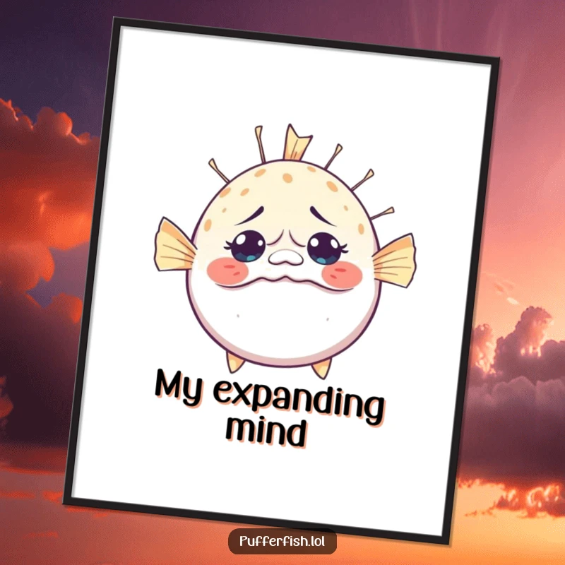 Funny Bewildered Pufferfish Poster: Whimsical art of a pufferfish hilariously inflating, its round face capturing a moment of comical surprise.