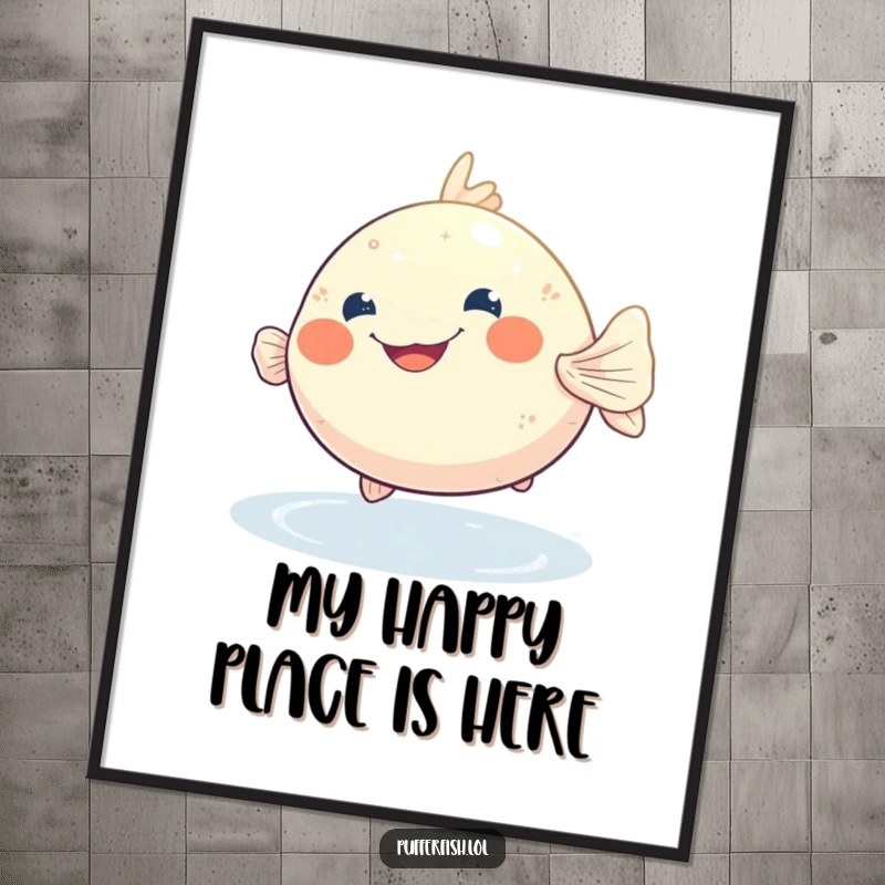 Funny pufferfish poster print of a smiling pufferfish bobbing happily in shimmering water, a delightful piece of aquatic art.