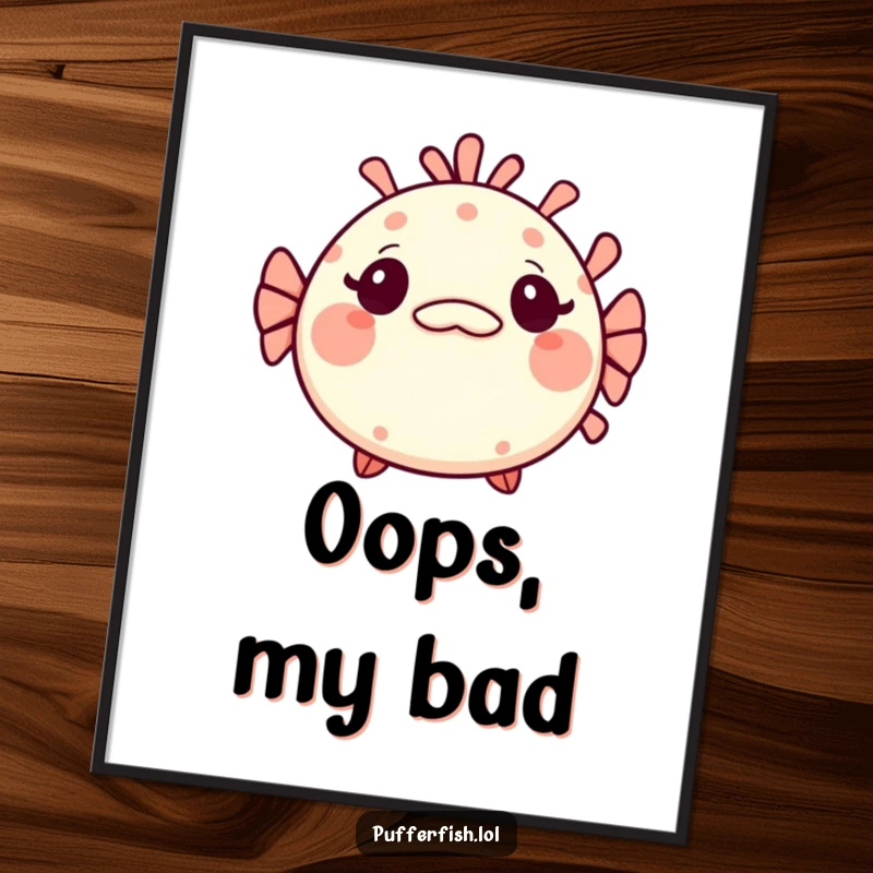 Funny Kawaii pufferfish poster, a cute fish looking surprised with a tiny, mischievous grin, creating a humorous and intriguing display.