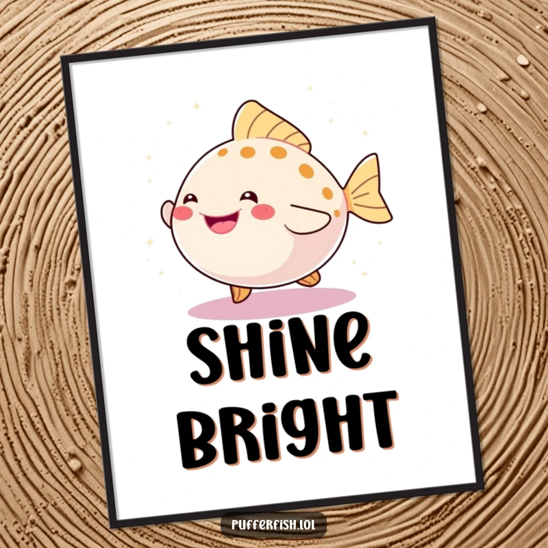 Funny poster illustrating a happy pufferfish mid-dance, surrounded by a magical swirl of bright, shimmering sparkles.