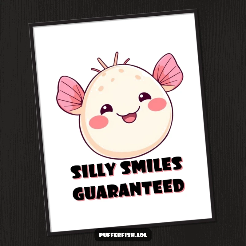 Funny kawaii pufferfish poster print, waving its fins with a silly smile, adding whimsical charm to any space, funny gift.