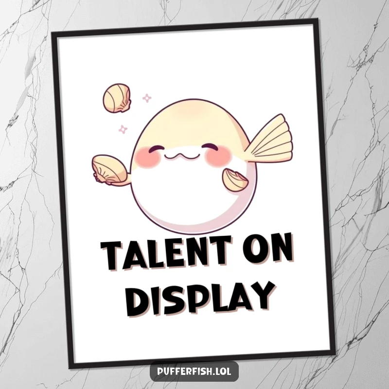 Funny pufferfish poster, skillfully juggling three shiny seashells with its fins, a humorous and talented piece of wall art.