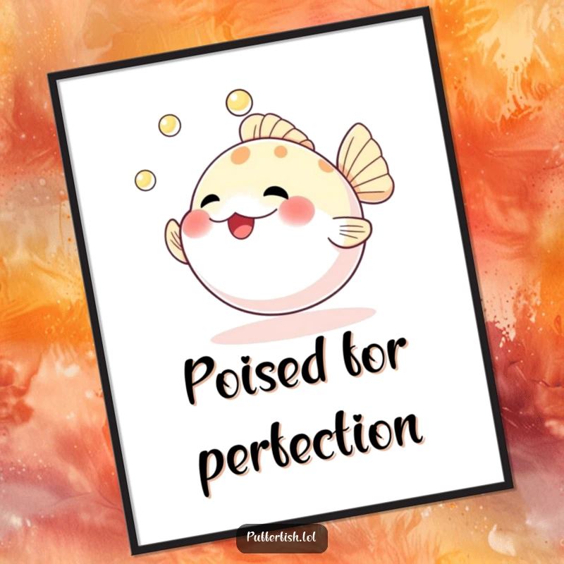 Funny poster of an ecstatic pufferfish juggling three radiant pearls, bringing playful energy to any wall space.