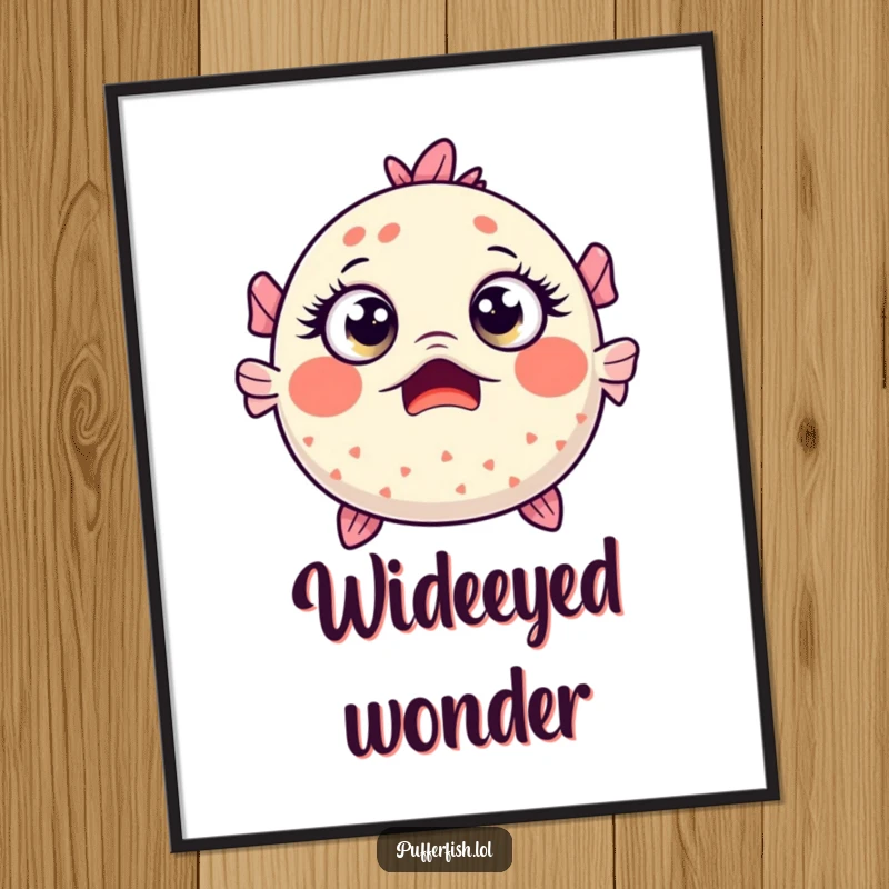 Funny Kawaii pufferfish with comically wide eyes and a surprised expression, presented as humorous wall art.