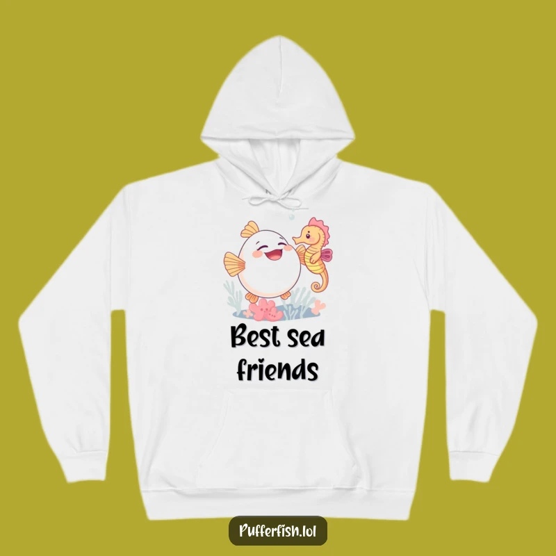 Cozy Funny Pufferfish Giggle Hoodie: Tickled by Seahorse, Warm Laughter!