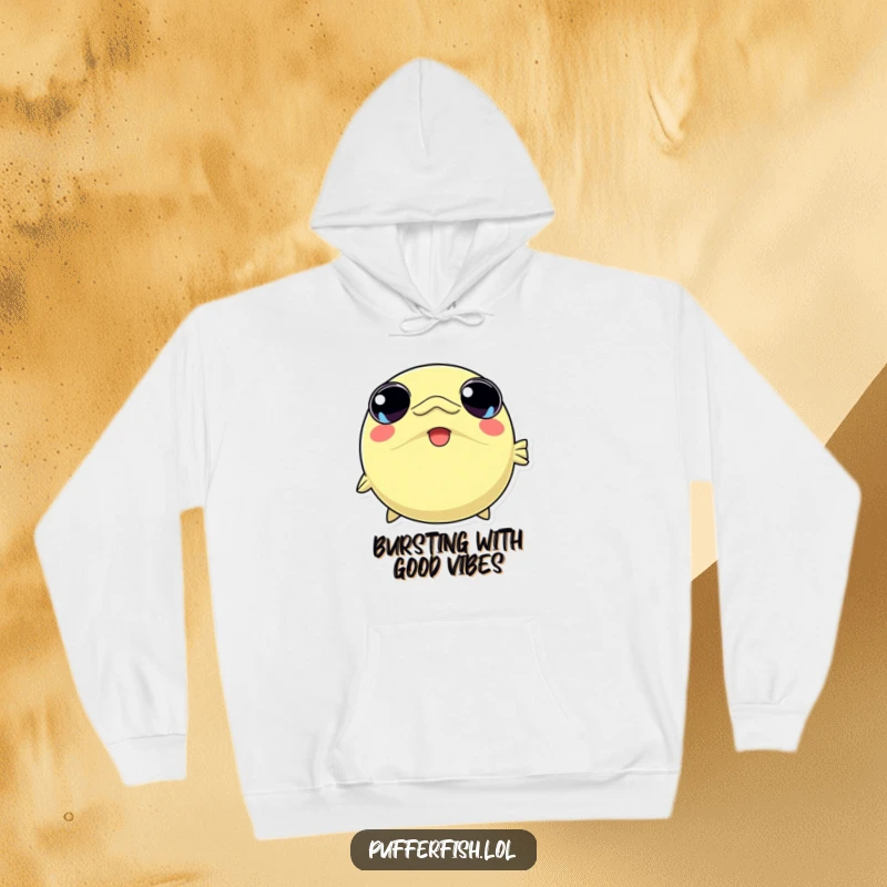 Funny hoodie with a cute kawaii pufferfish character shown inflating rapidly, its eyes wide with overwhelming joy and excitement.