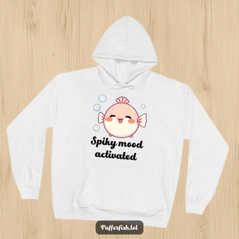 Funny pufferfish hoodie blowing bubble rings, showing a cozy and cheerful character with a playful vibe.