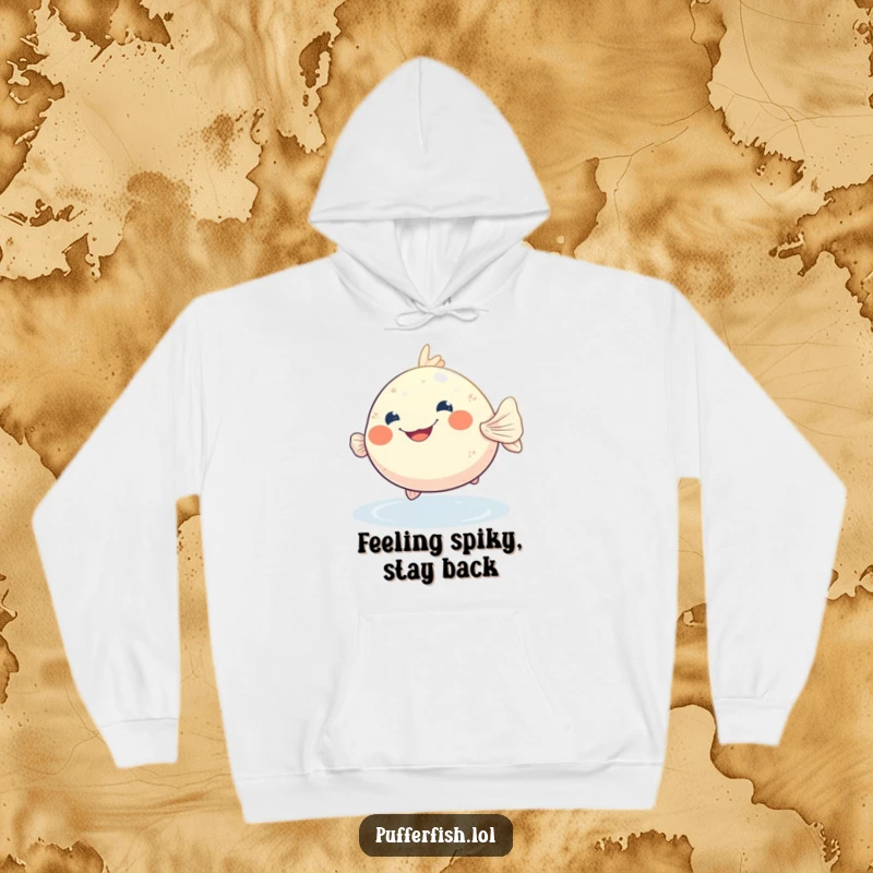 Funny pufferfish hoodie with a happy, wide grin, bobbing playfully in shimmering water, offering warmth and humor.