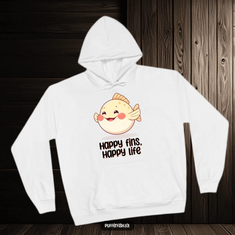 Funny pufferfish hoodie wiggling fins with a wide, happy grin, designed for ultimate comfort and humor.