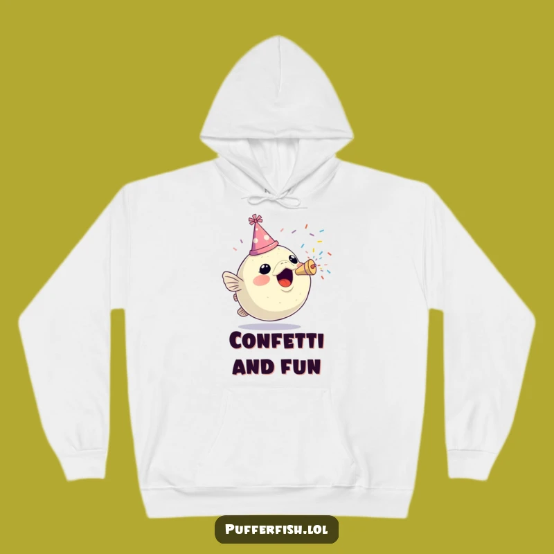 Cozy Funny Pufferfish Party Hoodie: Confetti Popper Fun, Stay Warm!