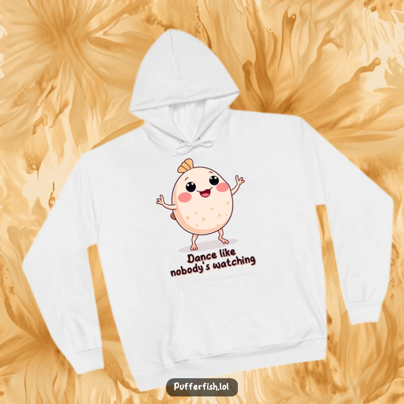 Funny Pufferfish Hoodie: A comfortable hoodie featuring a pufferfish comically dancing with wobbly arms and legs, perfect for cozy fun.