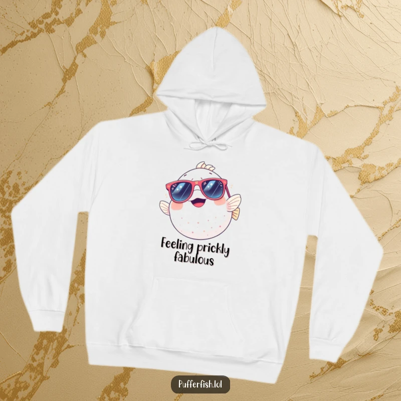 Funny hoodie: a happy pufferfish giggling with delight, wearing oversized, sparkly sunglasses, offering warmth and a dose of humor.