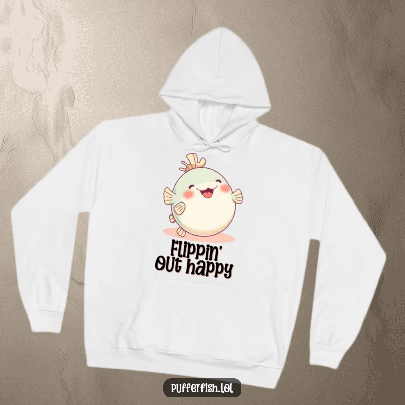 Funny pufferfish hoodie, captured rolling with pure glee, fins enthusiastically in the air, offering cozy, humorous warmth.