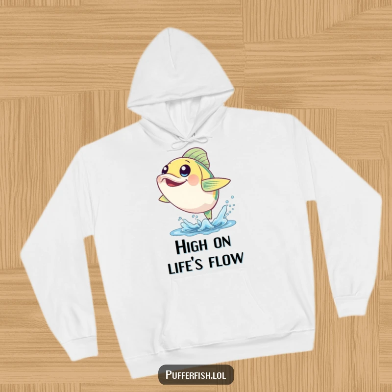 Funny Cheerful Fish Hoodie: A fish with wide, happy eyes leaps energetically from the water, symbolizing joy and comfort.