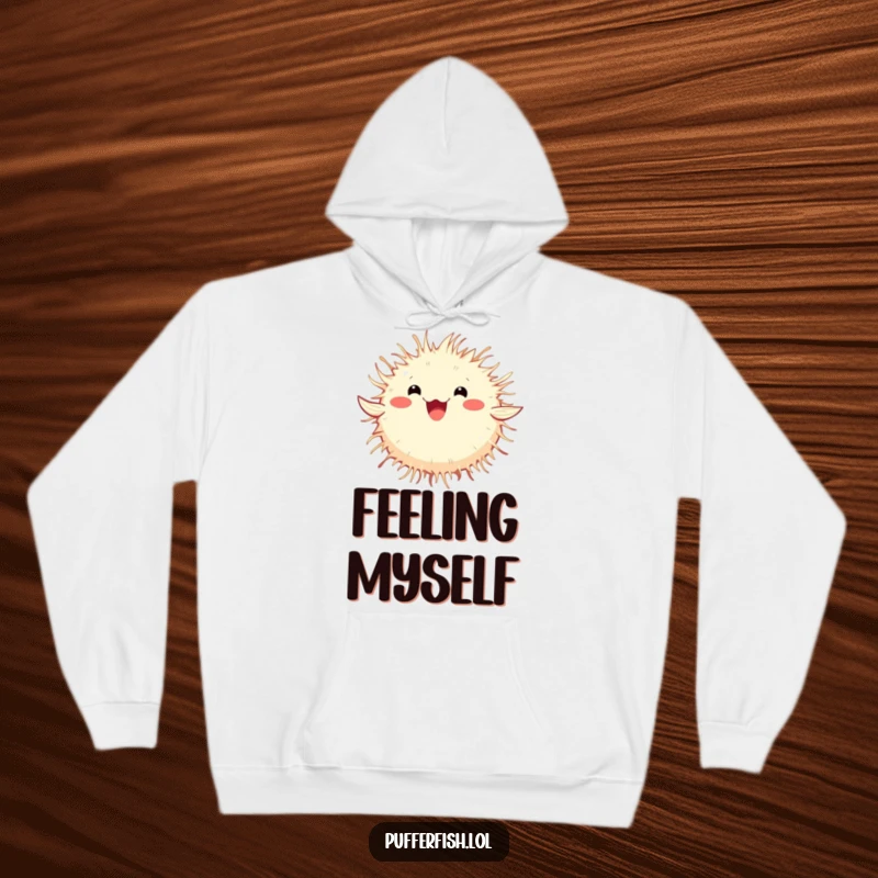Funny Pufferfish Hoodie showing a round, fluffy pufferfish joyfully spinning in circles, perfect for a cozy and hilarious experience.