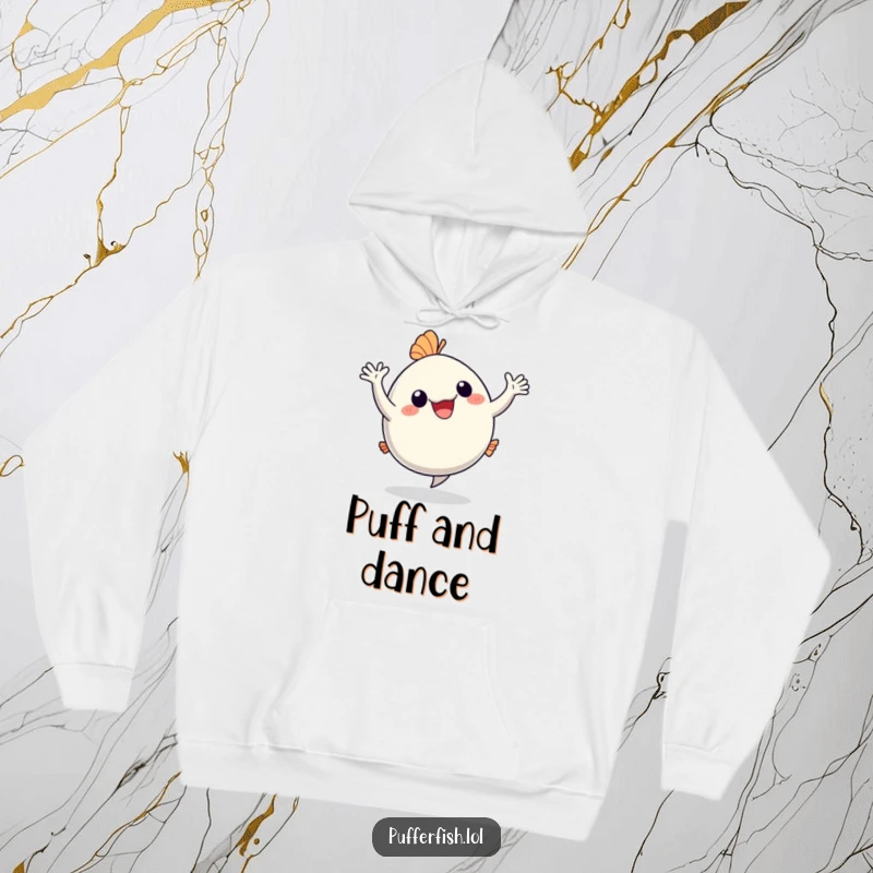 Funny Hoodie: A happy pufferfish dances with glee, arms waving, offering a humorous and cozy design for spreading joy.