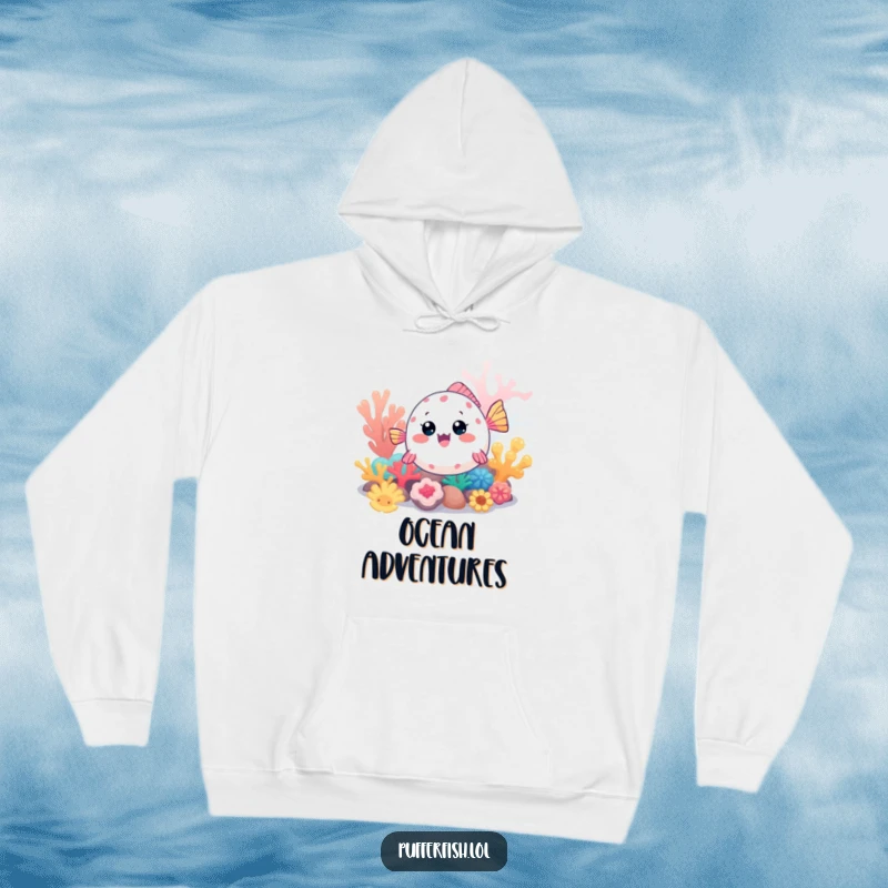 Funny Kawaii pufferfish hoodie, a cute fish happily exploring a vibrant coral reef, bringing a sense of wonder and warmth.