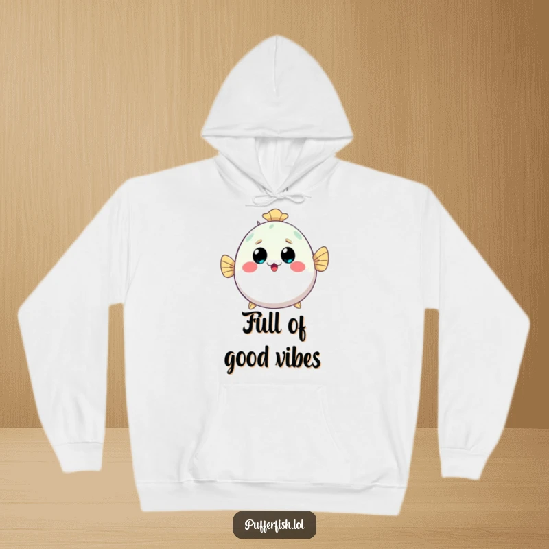 Funny kawaii pufferfish hoodie, inflating with a surprised but happy expression, offering cozy comfort and underwater charm.