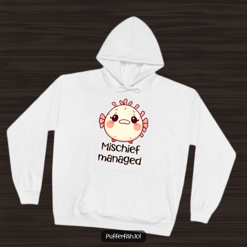 Funny Kawaii pufferfish hoodie, a cute fish looking surprised with a tiny, mischievous grin, offering comfort and playful mystery.