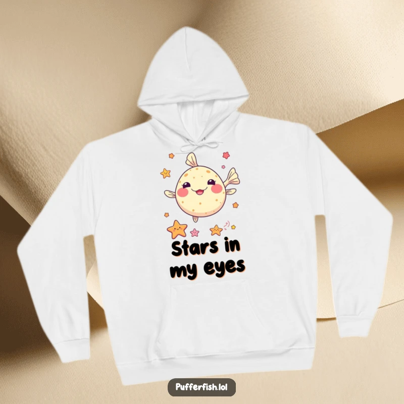 Funny kawaii pufferfish hoodie, juggling colorful sea stars, offering cozy comfort and underwater performance art.