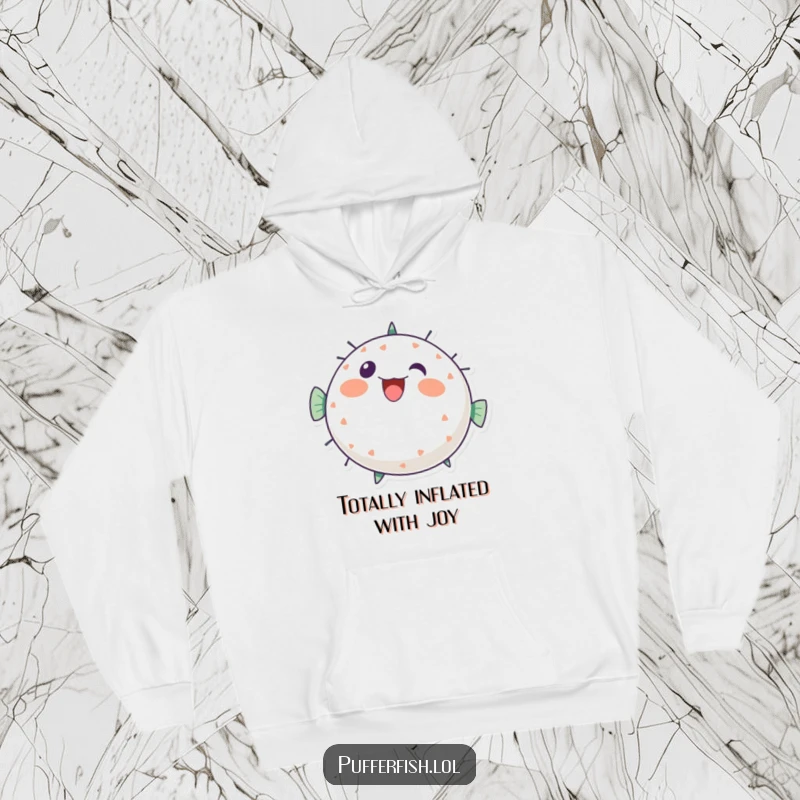 Funny pufferfish hoodie design, showing a round, energetic character bursting with cheerful, bubbly vibes, an ideal funny gift for warmth.
