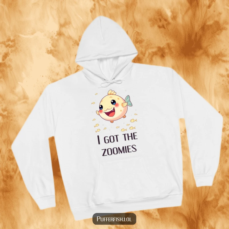 Funny Pufferfish Joy Hoodie: A comfortable hoodie showcasing a happy pufferfish enthusiastically chasing a school of tiny, sparkling fish.