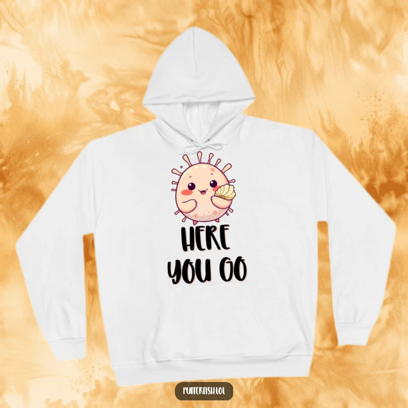 Funny hoodie featuring a cute, round pufferfish waving a friendly greeting while offering a beautiful seashell, radiating warmth and charm.