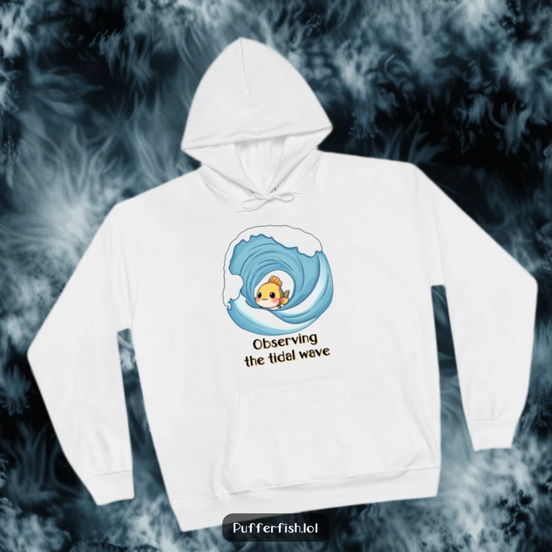Funny Shy Fish Hoodie: A small, shy fish peeks cautiously from behind a large, bubbly wave, evoking curiosity and comfort.