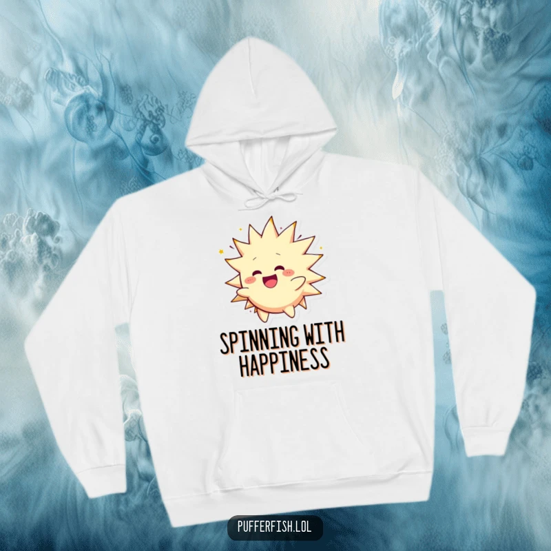 Funny Spiky Character Hoodie: A spiky creature is shown happily inflating and spinning, symbolizing pure excitement and comfort.