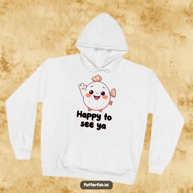 Funny Kawaii pufferfish hoodie, a cute fish offering a cheerful wave with a big smile, providing cozy and happy vibes.