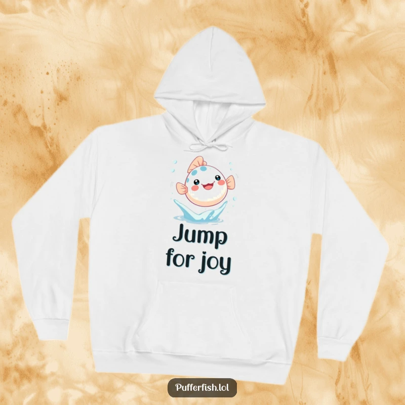 Funny Hoodie featuring a Kawaii pufferfish joyfully leaping out of a water splash with bubbles, cozy and adorable.