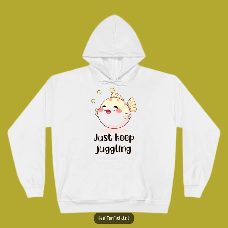 Cozy Funny Pufferfish Pearl Juggling Hoodie: Warmth and Laughter Guaranteed!
