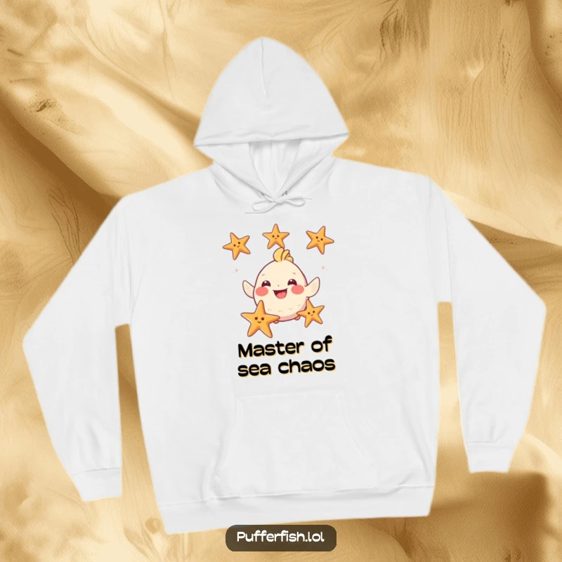 Funny Puffy Fish Hoodie: A plump, smiling fish masterfully juggles three colorful starfish, radiating cheerful energy and humor.