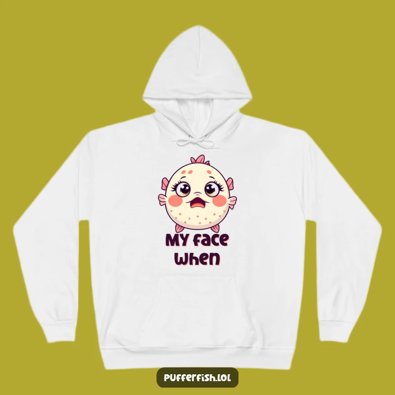 Funny Surprised Pufferfish Hoodie - Wide-Eyed Kawaii Cartoon - Cozy Shocking Gift