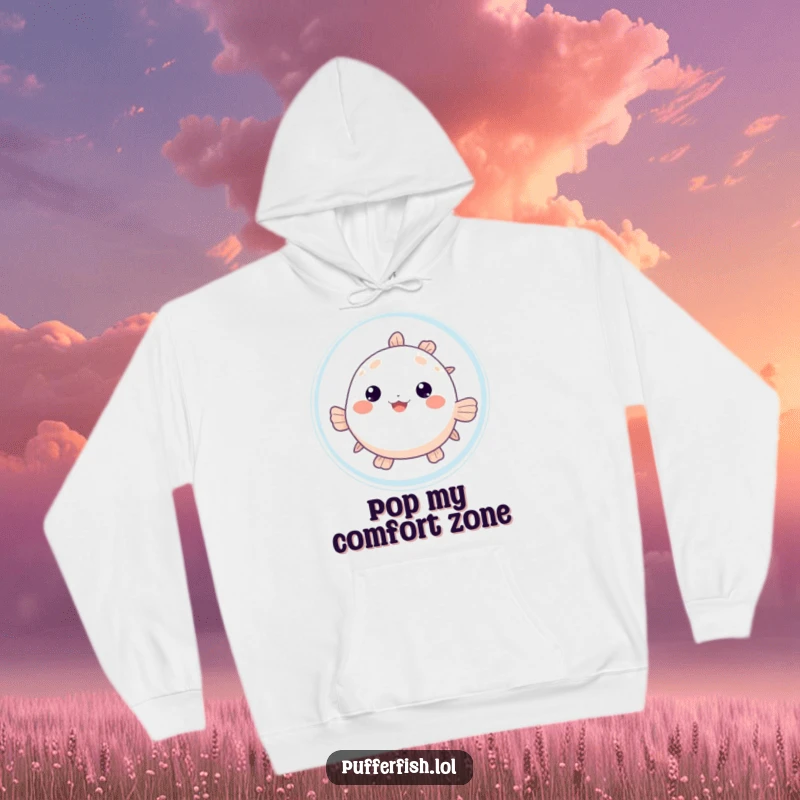 Funny Pufferfish Bubble Hoodie: A cute pufferfish peeks shyly from behind a large bubble, radiating comfort and playful mystery.