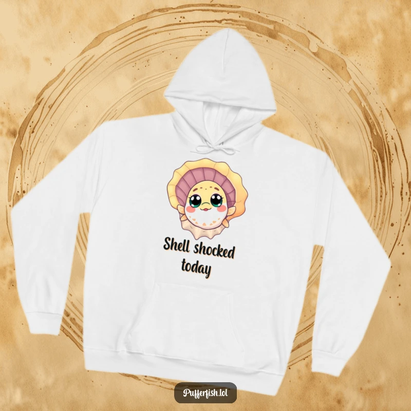 Funny Hoodie: A curious pufferfish with wide eyes peeks from behind a seashell, offering a humorous and cozy ocean-themed graphic.