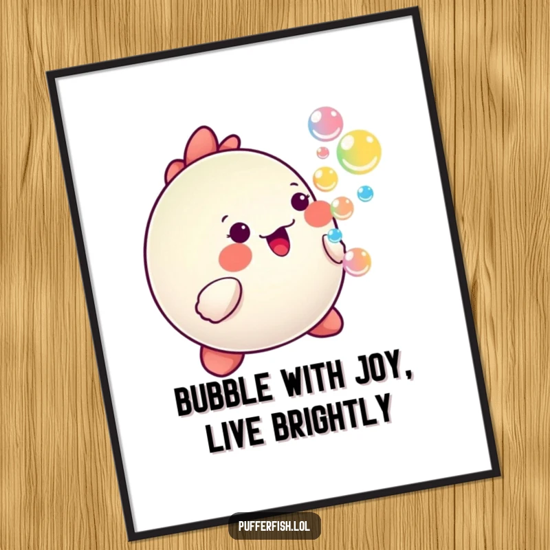Funny Free Printable Wall Art: A heartwarming kawaii pufferfish exhaling a delightful stream of colorful, airy bubbles, radiating pure happiness.