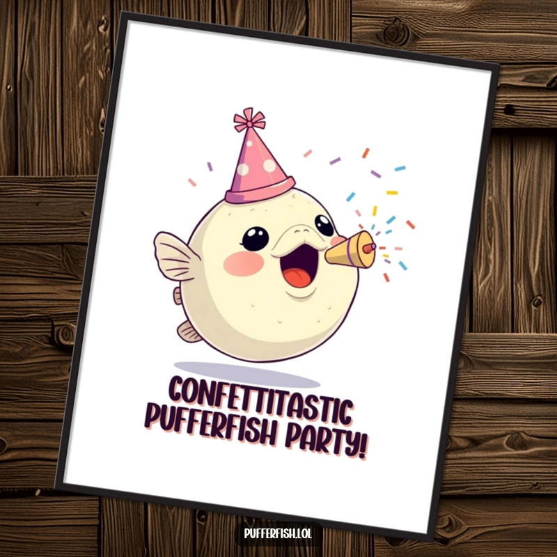 Funny Free Printable Wall Art: An excited pufferfish wearing a tiny party hat, energetically blowing a confetti popper, radiating celebration.