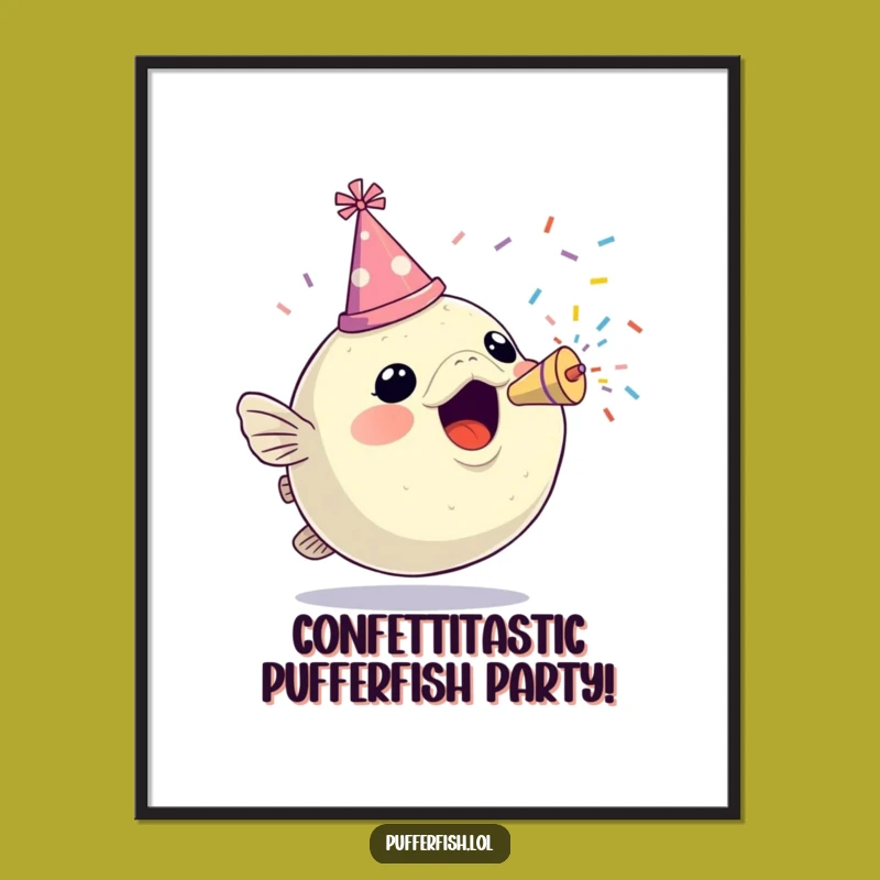 Free Printable Wall Art: Party Pufferfish w/ Popper, Festive Downloadable Decor Gift