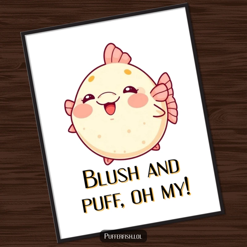 Free Printable Wall Art: A kawaii pufferfish blushing vividly and puffing up excitedly, radiating cute charm.