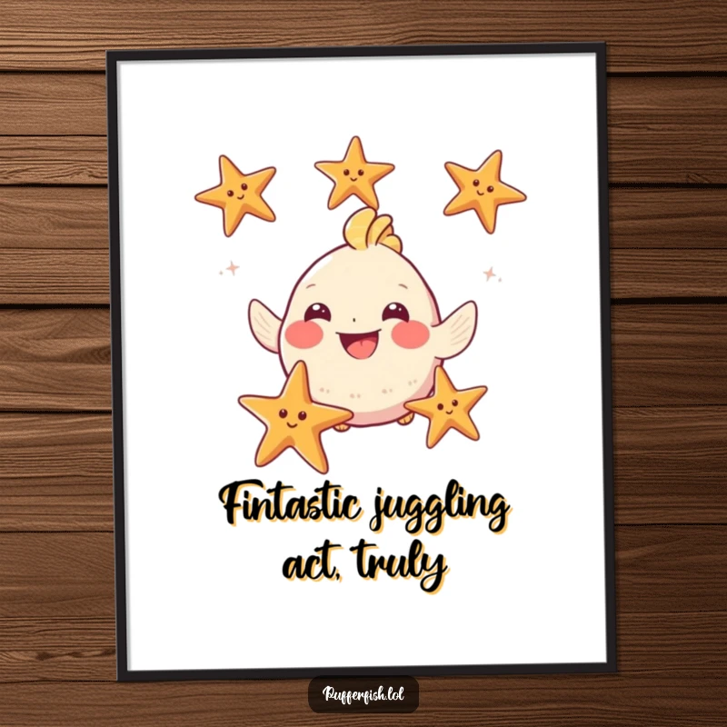 Funny Free Printable Wall Art: A puffy fish with a huge, happy grin skillfully juggles three starfish, creating a whimsical scene.