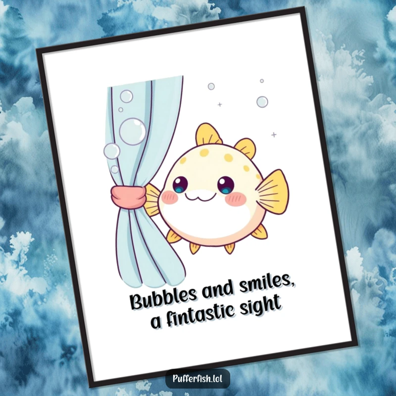 Funny Free Printable Wall Art: Kawaii pufferfish peeking from bubbly curtains, adding a splash of quirky decor.